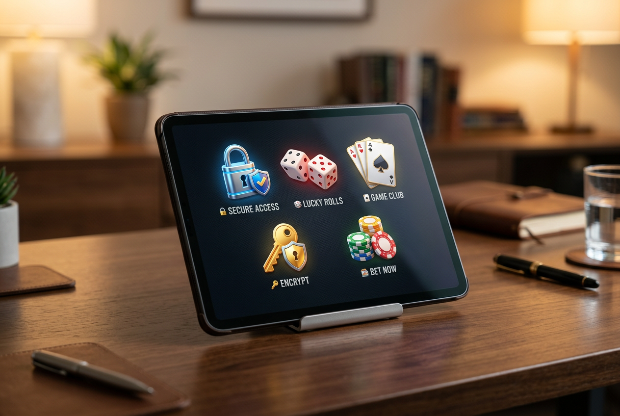Close-up of a high-end tablet displaying casino security icons.